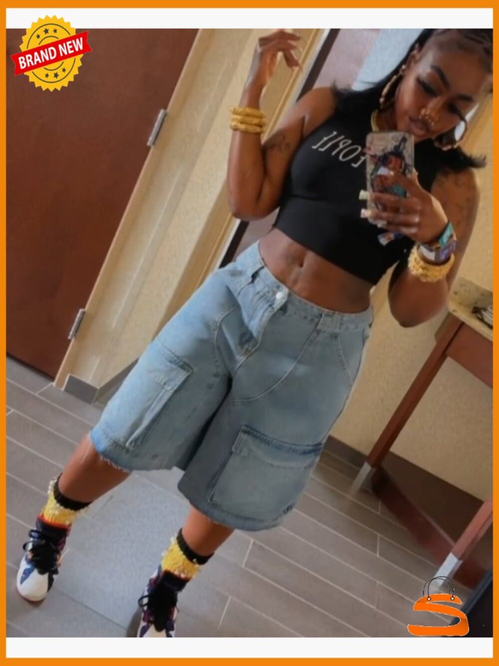 High Waist Denim Shorts Straight Leg Raw Hem with Pockets - Picture 5 of 6